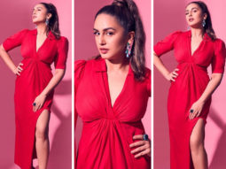 Huma Qureshi looks ravishing in ruby red in thigh-high slit dress during Maharani promotions