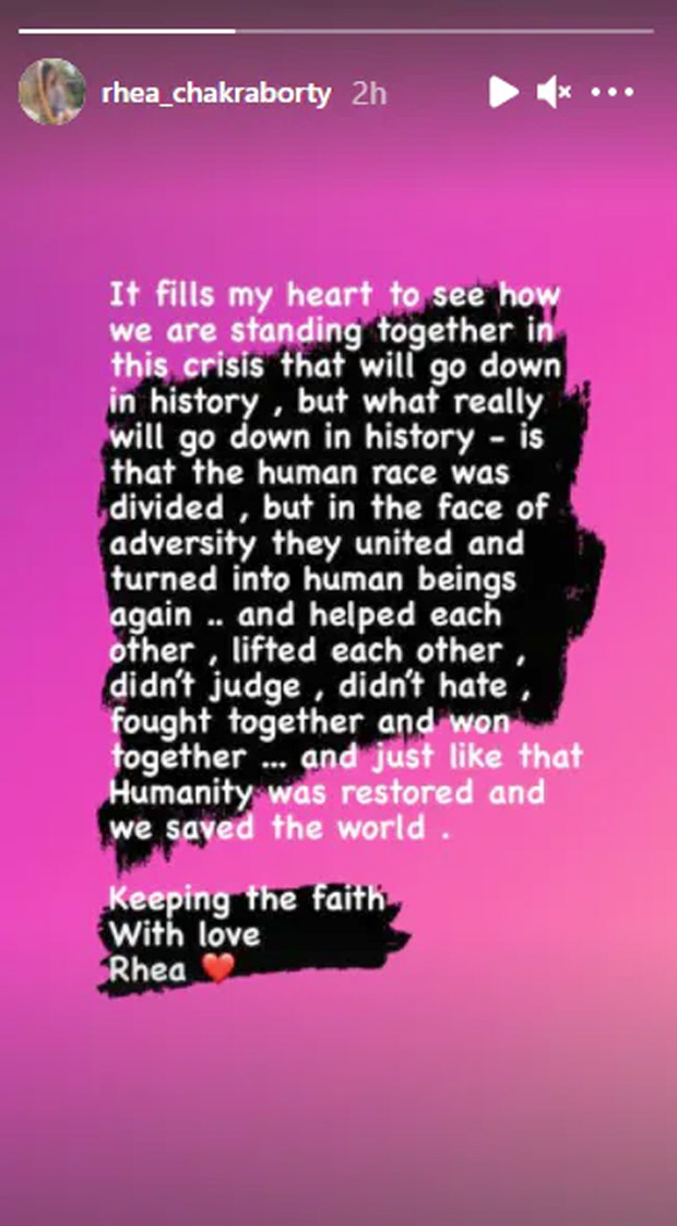 "It fills my heart to see how we are standing together in this crisis" - Rhea Chakraborty "It fills my heart to see how we are standing together in this crisis" - Rhea Chakraborty