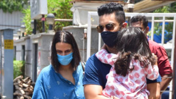 Neha Dhupia with Angad Bedi and daughter spotted outside hospital in Santacruz