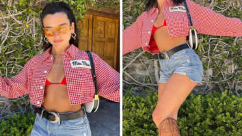 Dua Lipa enjoys her cowboy moment in red bikini top, checkered Miu Miu shirt, denim shorts and Burberry bag