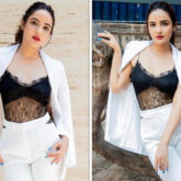 Jasmin Bhasin looks fiery in white pantsuit paired with black lace bralette