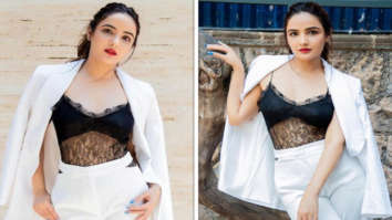 Jasmin Bhasin looks fiery in white pantsuit paired with black lace bralette