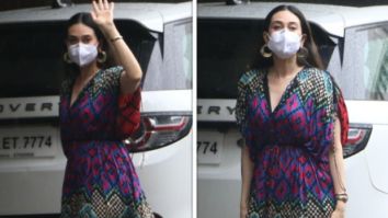 Karisma Kapoor steps out in abstract print kaftan dress with thigh-high slit worth 15,000 with Hermés Oran sandals worth Rs. 46,620