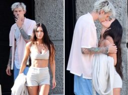 Megan Fox and Machine Gunn Kelly share a kiss; actress dons beige bustier and shorts for a motorcycle ride
