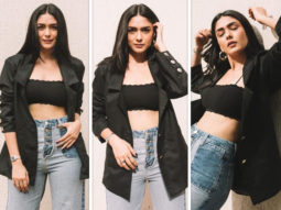 Mrunal Thakur pairs a black bralette with a blazer and flared jeans for Toofan promotions
