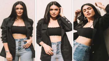 Mrunal Thakur pairs a black bralette with a blazer and flared jeans for Toofan promotions