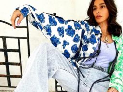 Shibani Dandekar pairs two-toned print oversized jacket with lilac top and washed denims