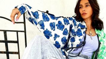 Shibani Dandekar pairs two-toned print oversized jacket with lilac top and washed denims