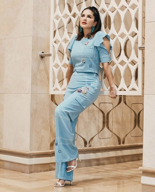 Sunny Leone follows the season or pastels, poses in a trendy blue co-ord set