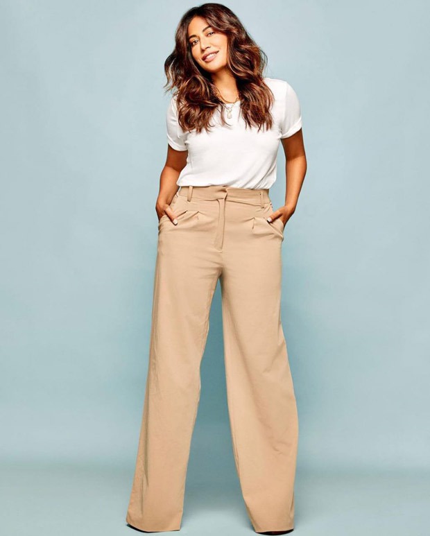 Chitrangada Singh gives cues on how to style a classic white t-shirt and beige colored trousers