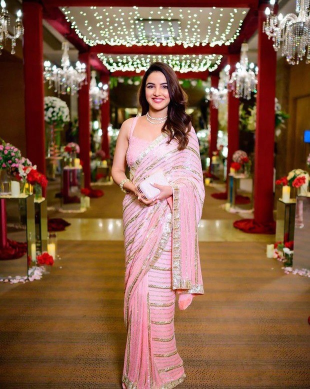 Jasmin Bhasin dons a sparkly blush pink saree worth Rs. 1.45 lakh for Disha Parmar-Rahul Vaidya's wedding after party