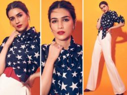 Kriti Sanon dons printed shirt and high waisted pants by Naeem Khan for Mimi promotions