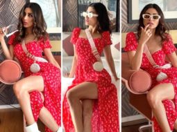 Mouni Roy pairs a red thigh-high slit midi dress with Louis Vuitton mini cross body bag worth Rs. 2.37 lakh