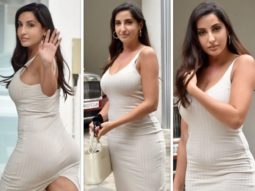 Nora Fatehi steps out in beige bodycon dress with a mini handbag