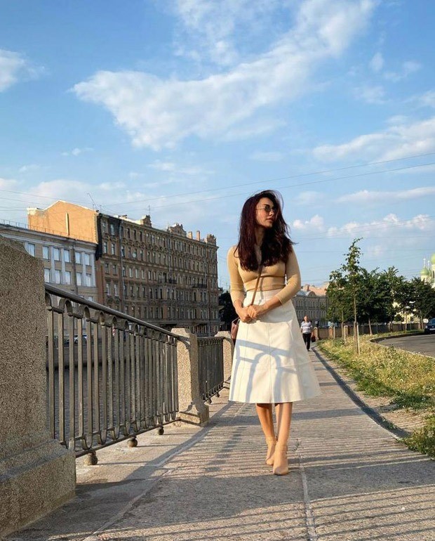 Qubool Hai actress Surbhi Jyoti dons beige top and white skater skirt during her vacation in Russia