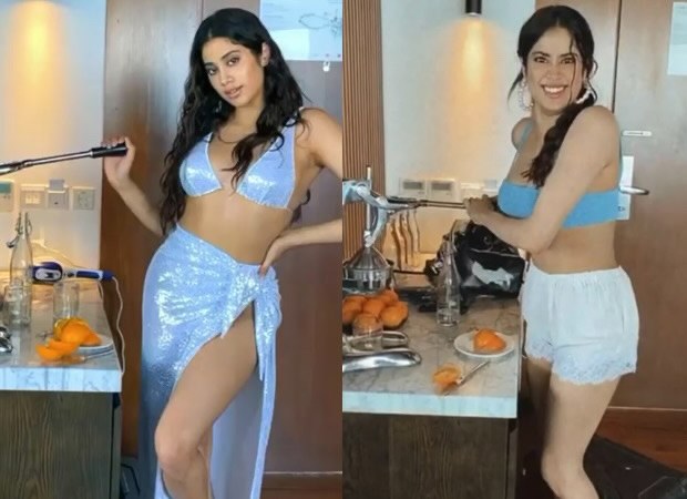 Janhvi Kapoor shares videos while struggling with a juice squeezer in a hot blue bikini top and shimmery thigh-high slit sarong
