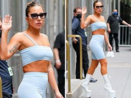 Lady Gaga slips into a sports bra and cycling shorts paired with 9-inch sky-high platform heels at Radio City Hall in New York