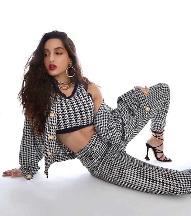 Nora Fatehi makes a statement in a checkered  set with gold jewellery