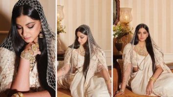 Rhea Kapoor dons a white bridal attire with a pearl veil from Anamika Khanna for her wedding ceremony with Karan Boolani