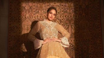 Sonakshi Sinha looks breathtaking in beige thread work ensemble cape and skirt by Ritu Kumar worth Rs.36,900