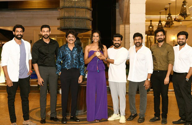 Chiranjeevi and Ram Charan hosted a star studded felicitation event for two time Olympic medalist PV Sindhu at their residence