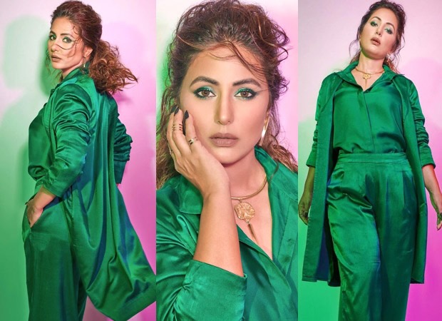 green emerald velvet dress Hina khan in treasure organza lehenga- Green