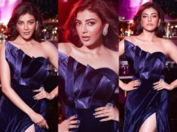 Kajal Aggarwal looks radiant dark strapless blue gown with thigh-high slit
