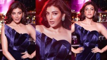 Kajal Aggarwal looks radiant dark strapless blue gown with thigh-high slit
