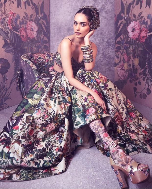 Manushi Chhillar looks enchanting in a floral embroidered bustier and matching gathered long skirt by Rocky Star worth Rs.67,500 Manushi Chhillar looks enchanting in a floral embroidered bustier and matching gathered long skirt by Rocky Star worth Rs.67,500
