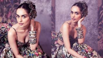 Manushi Chhillar looks enchanting in a floral embroidered bustier and matching gathered long skirt by Rocky Star worth Rs.67,500