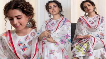 Sanya Malhotra stuns in a beautiful white organic kurta set worth Rs. 47, 040 for Meenakshi Sundareshwar promotions