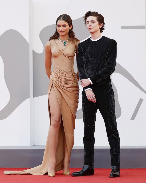 Venice International Film Festival Zendaya makes heads turn in a nude leather Balmain gown along with the handsome Timothée Chalamet in a sequined outfit by Haider Ackermann
