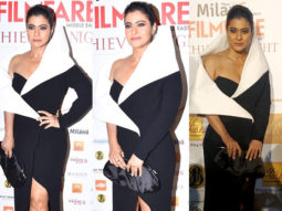 Kajol makes heads turn in a black dress with an exaggerated collar and a slit at Filmfare Middle East Achievers Night