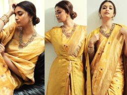 Keerthy Suresh stuns in mustard color resham work saree styled with jacket worth Rs. 38,990