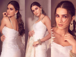 Kriti Sanon looks resplendent in a white gold creation for the promotions of Hum Do Humaare Do
