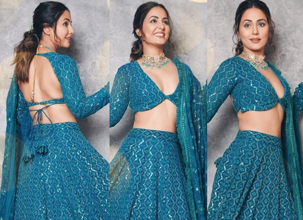 Hina Khan is glorious beauty in teal blue chikankari lehenga and plunging neckline blouse 620
