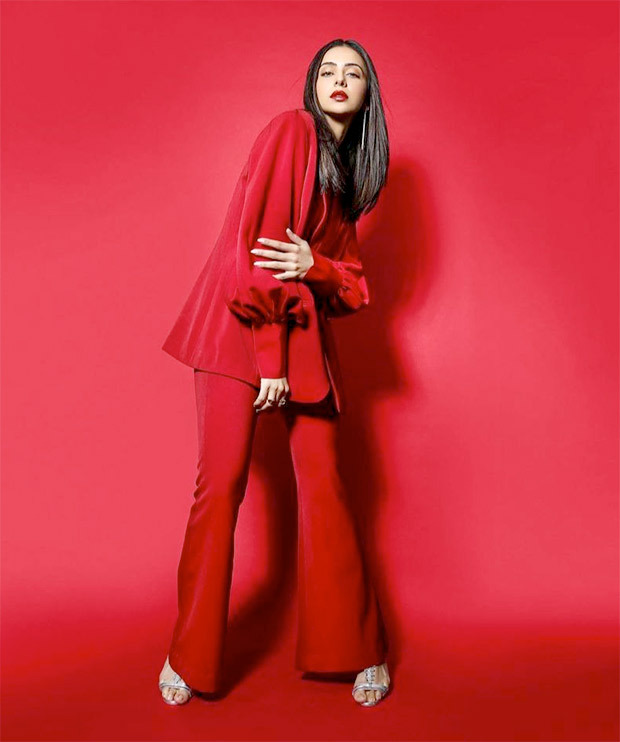 Rakul Preet Singh is a red hot boss lady in a blood red pantsuit
