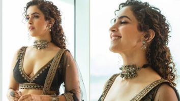Sanya Malhotra looks breathtaking printed black lehenga with plunging neckline blouse for Meenakshi Sundareshwar promotions Sanya Malhotra looks breathtaking printed black lehenga with plunging neckline blouse for Meenakshi Sundareshwar promotions