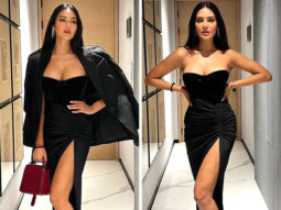 Esha Gupta sizzles in black strapless dress with thigh-high slit