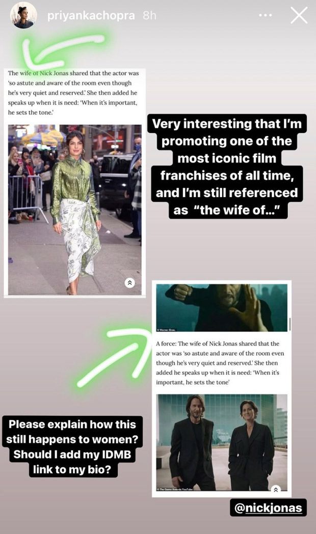 Priyanka Chopra slams a report referencing her as 'wife of Nick Jonas' during The Matrix Resurrections promotions Priyanka Chopra slams a report referencing her as 'wife of Nick Jonas' during The Matrix Resurrections promotions