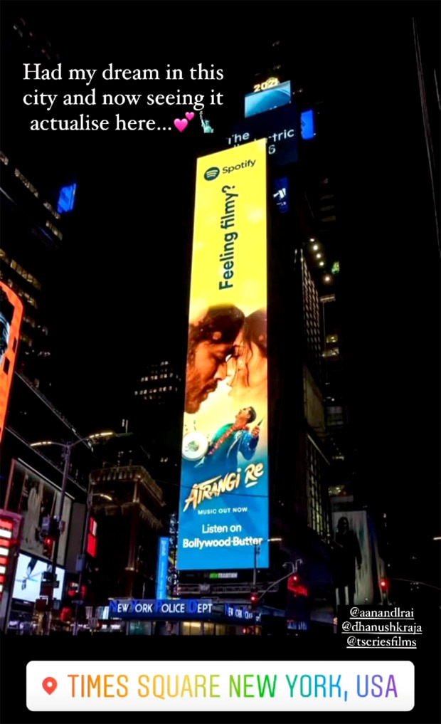 Sara Ali Khan is elated with her dream actualising as Atrangi Re poster lights up at Times Square in New York!