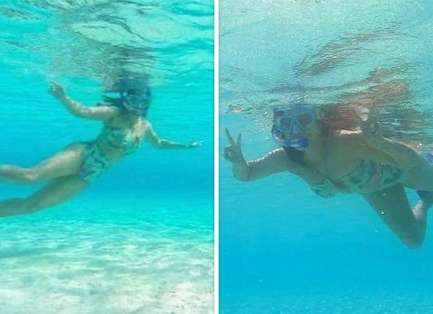 Sunny Leone wears a printed bikini for a round of snorkeling with husband Daniel Weber