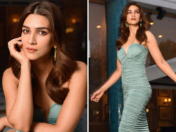 Bachchhan Paandey star Kriti Sanon makes a sexy statement in sage ruched sweetheart neckline bodycon which is a perfect summer party number