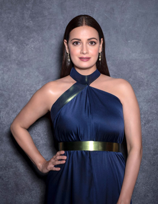Dia Mirza looks resplendent in blue halter-neck draped dress with metallic details by Amit Aggarwal worth Rs. 28, 500