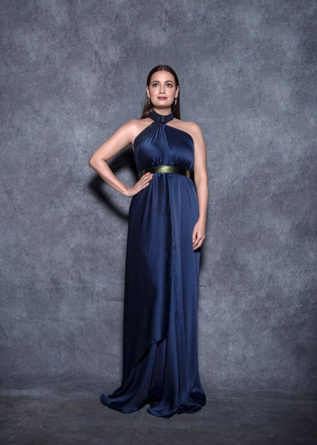Dia Mirza looks resplendent in blue halter-neck draped dress with metallic details by Amit Aggarwal worth Rs. 28, 500