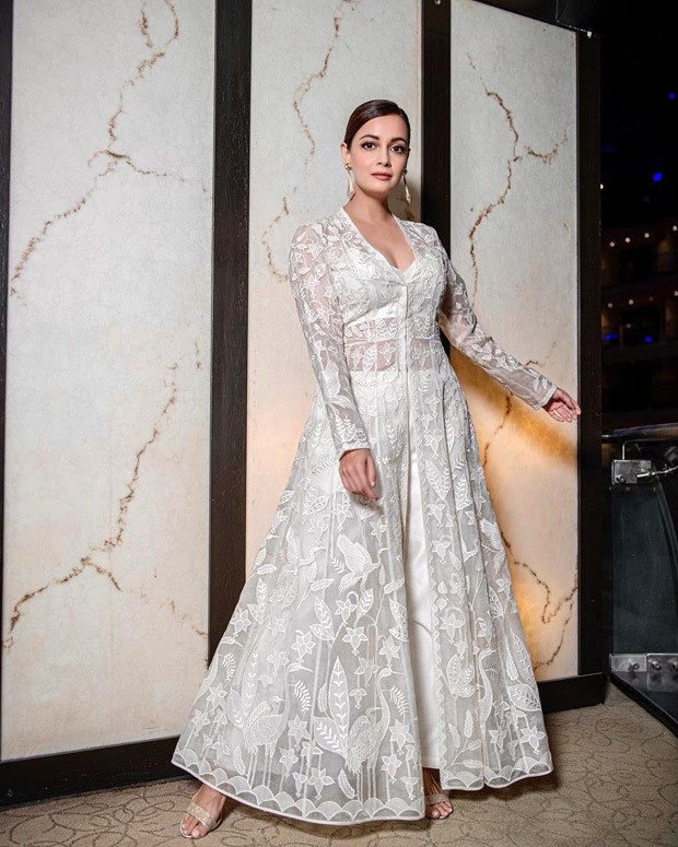 Dia Mirza looks serene in white Anita Dongre ensemble worth Rs. 99,000 paired with vintage pearl earrings worth Rs. 25,000