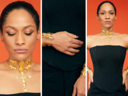 Masaba Gupta adds a dramatic twist to her all-black corset and skirt ensemble by accessorising it with gold jewellery