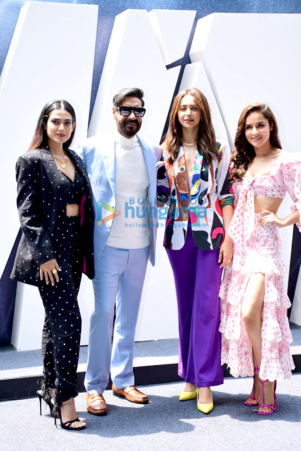 photos ajay devgn rakul preet singh rohit shetty aakanksha singh and angira dhar snapped at runway 34 trailer launch event in mumbai 8