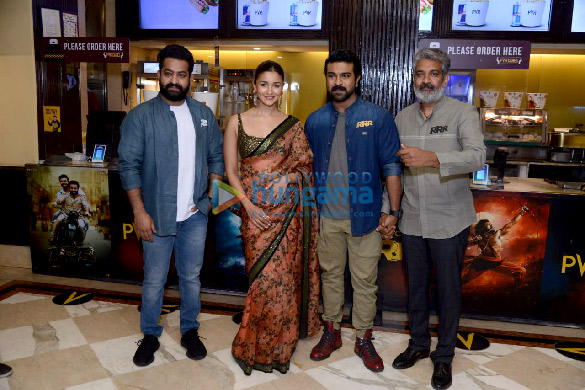 Photos: Alia Bhatt, Ram Charan, Jr. NTR and S. S. Rajamouli snapped during their upcoming film RRR promotions at PVR Plaza in New Delhi Photos: Alia Bhatt, Ram Charan, Jr. NTR and S. S. Rajamouli snapped during their upcoming film RRR promotions at PVR Plaza in New Delhi