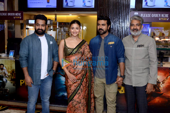 photos alia bhatt ram charan jr ntr and s s rajamouli snapped during their upcoming film rrr promotions at pvr plaza in new delhi 7